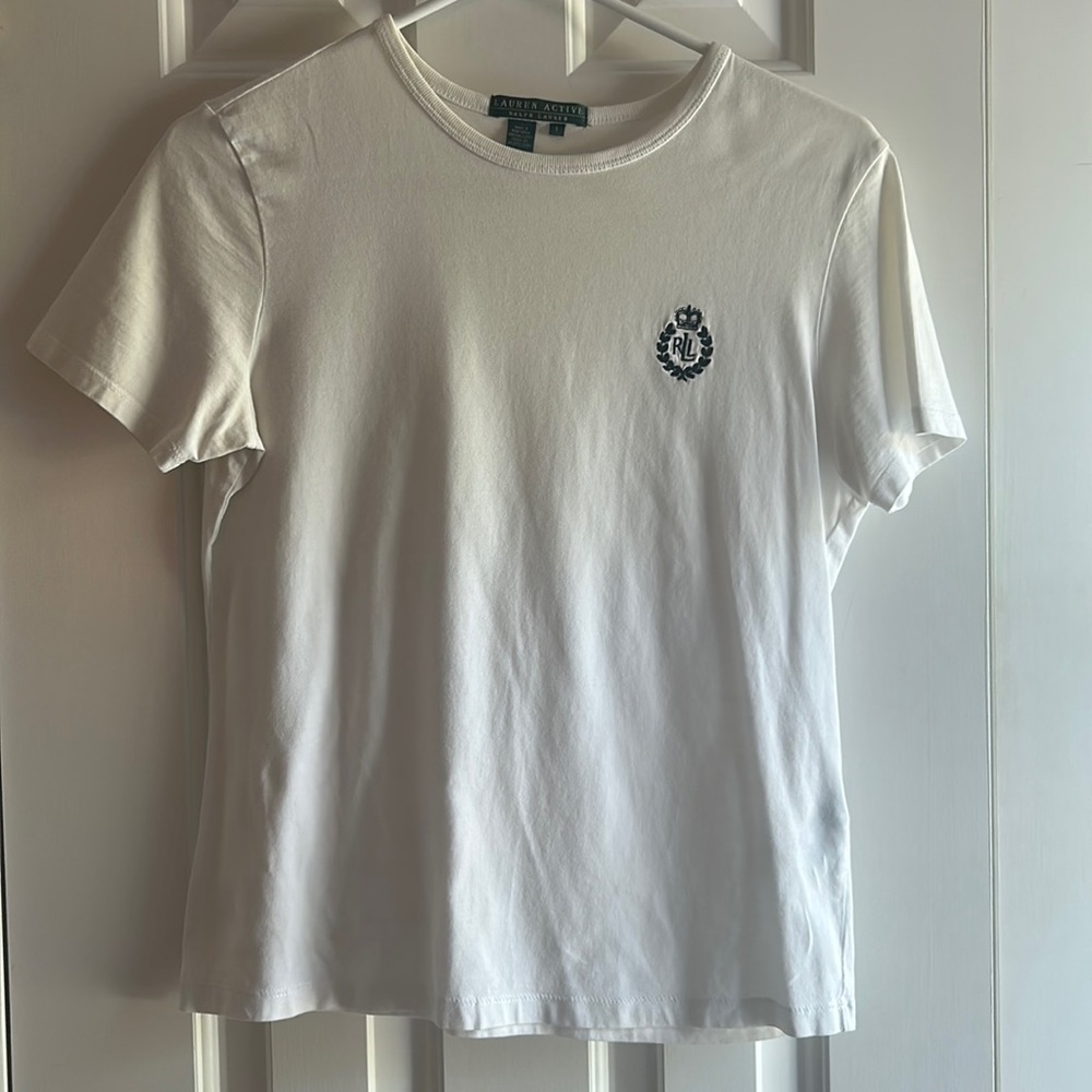 Womens Lauren active Ralph Lauren t shirt white with black RLL emblem size small